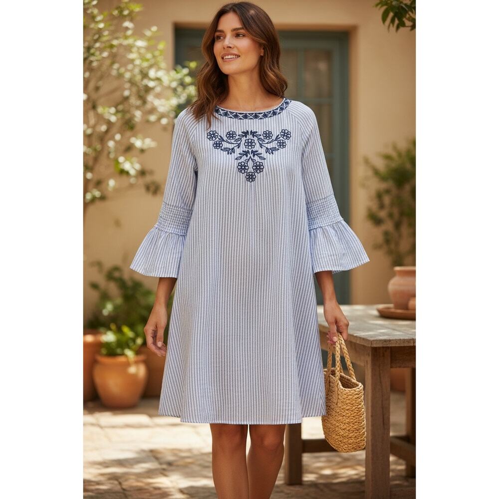 Hayden Los Angeles Blue White Stripe Embroidered Shift Dress Boho Bell Size Med
